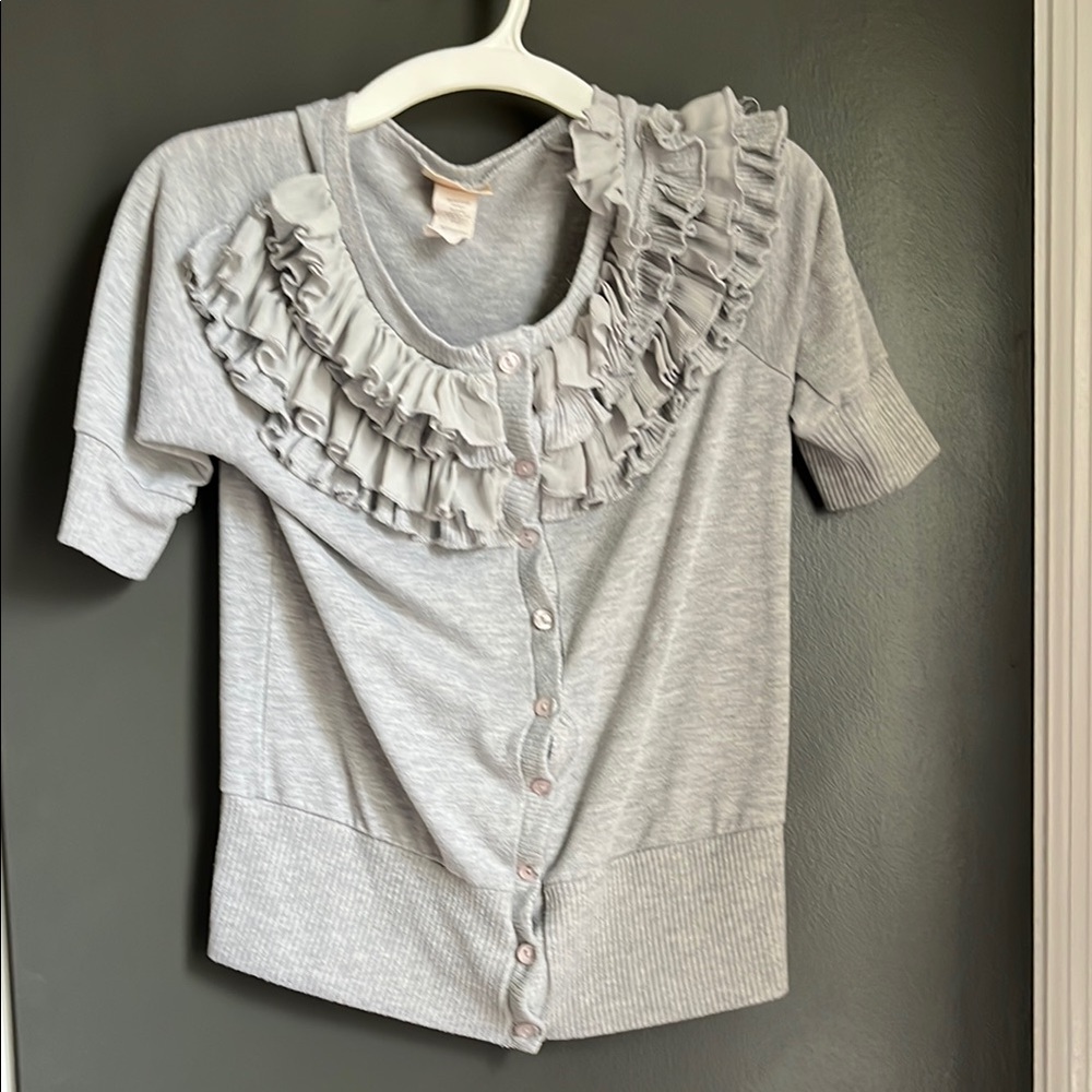 Pretty Good Gray Button Down Shirt with Ruffled Neckline